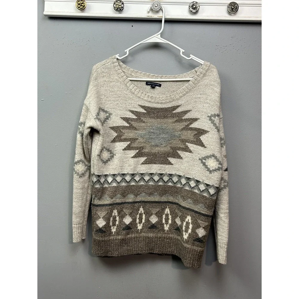 American Eagle Outfitters Sweater Womens Small Beige Wool Blend‎ Aztec Pullover